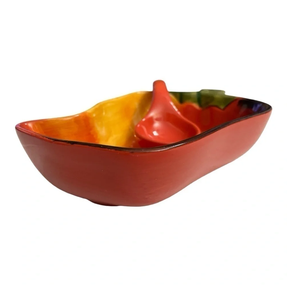 Vintage Clay Art Chili Pepper Salsa Dip Bowl with Serving Spoon Hand Painted